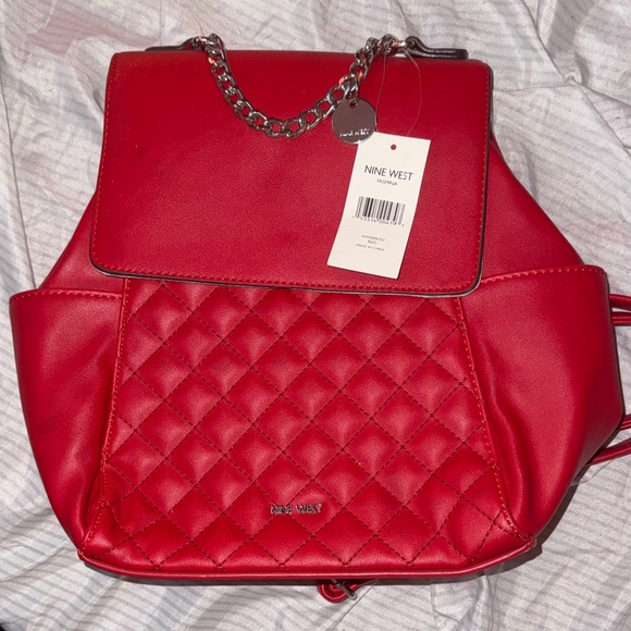 Nine West Cherry Red Quilted Mini Backpack Silver Chain Detail Classic Stylish - Picture 1 of 7